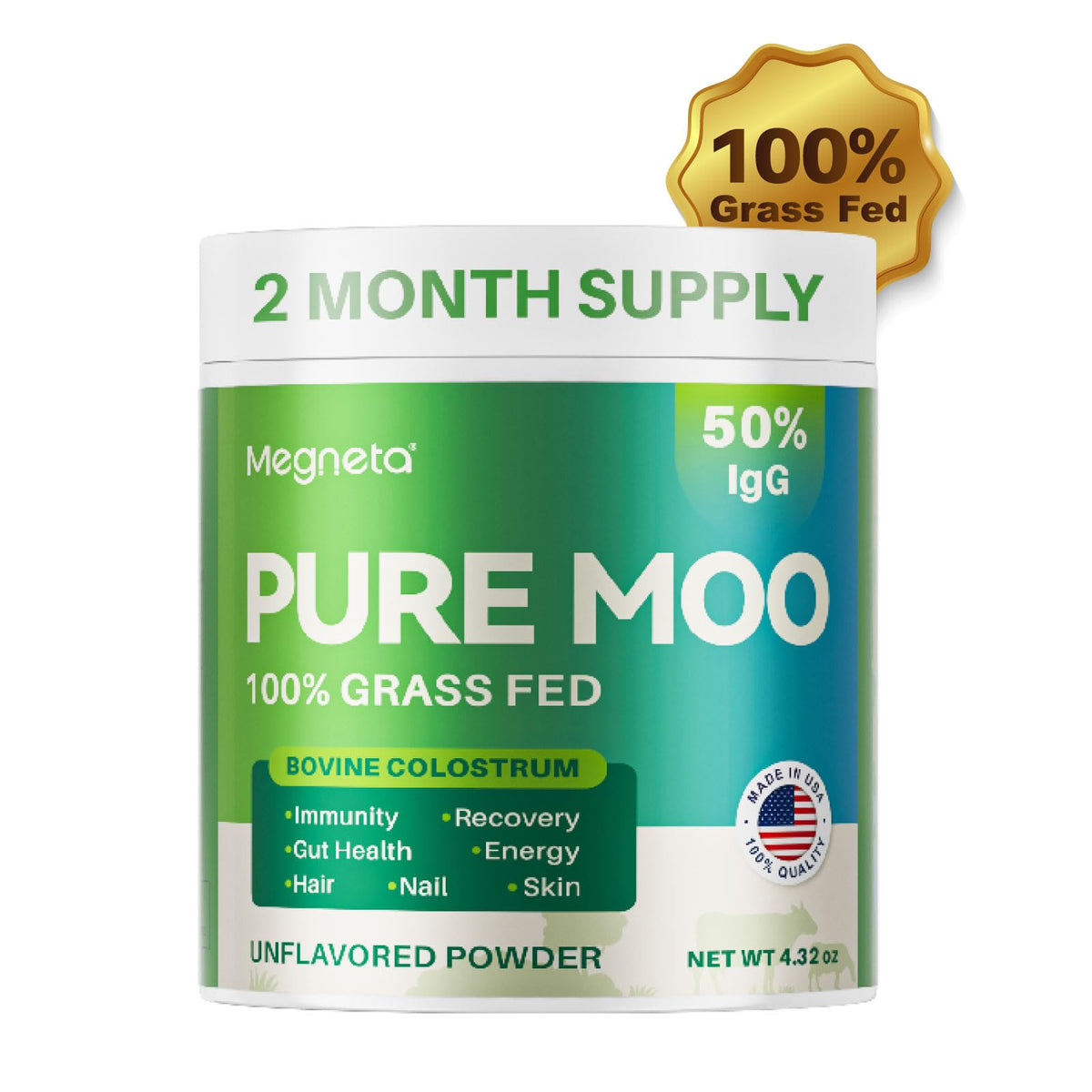 Bovine Colostrum Supplement for Humans - 50% IgG 100% Grass Fed Colostrum Powder for Gut Health Skin & Hair Beauty and Immune Support Pure Moo Keto Gluten & Fat Free (Unflavored) V3